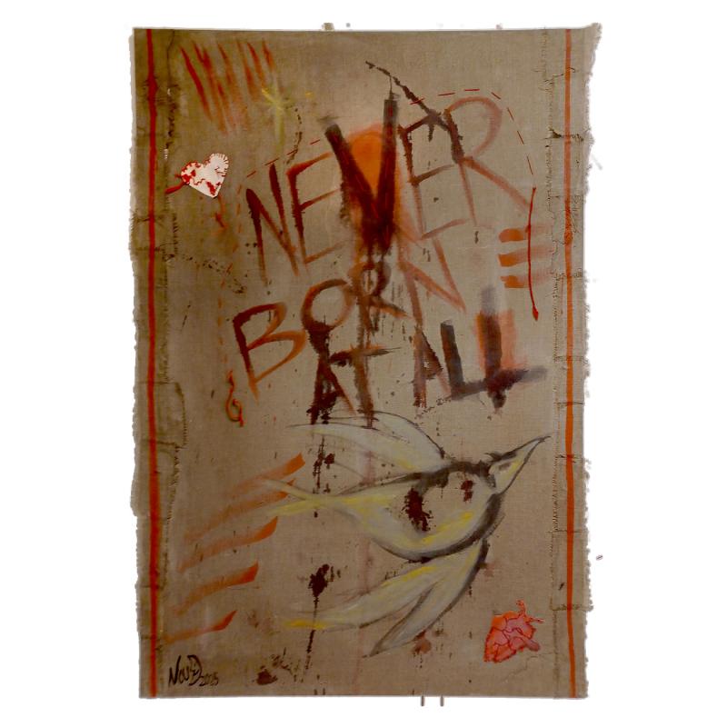 Never Born At All (2025, 160x110cm, maalauskollaasi: kangas, lanka, akryyli, muste pellavalle puukehikkossa)