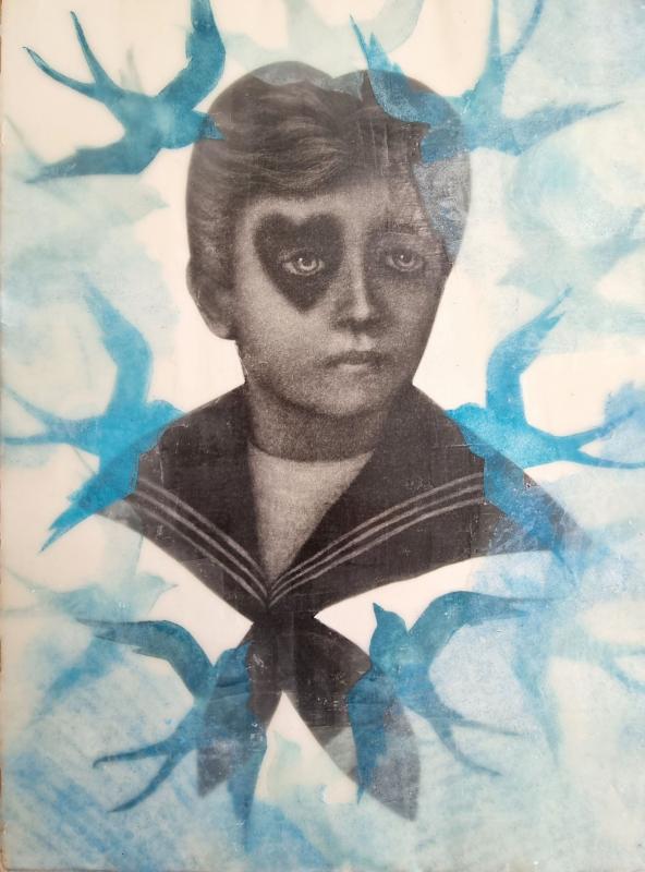 Vieraat XIII, 2023, mezzotinto, kohopaino, mehiläiavahakollaasi, 30x25cm