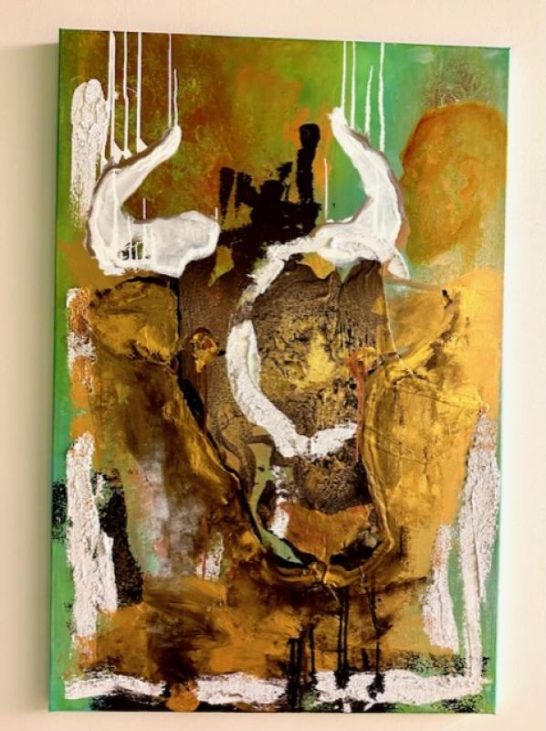 Teos” Cojones” 2025, 100x120cm, akryyli, öljy ja betoni kankaalle. Yhteisteos: Aleksandra Mallet ja Luca Delgado