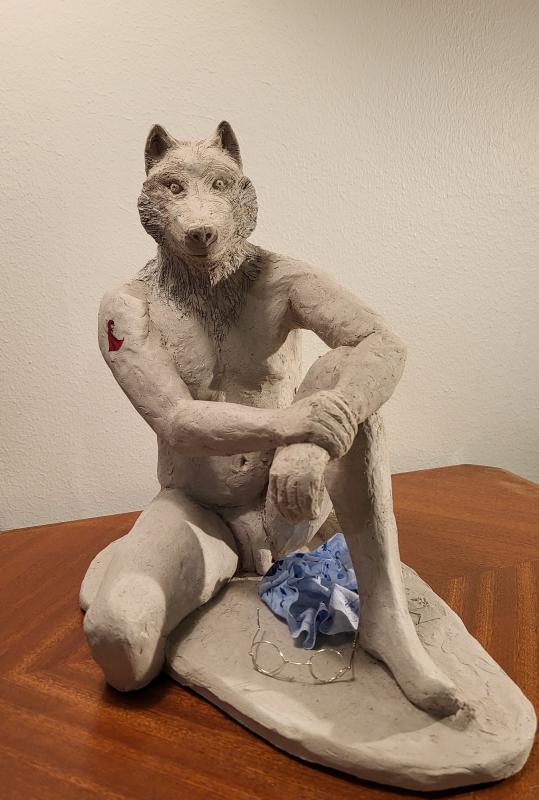 Maria Teplykh, Hairy Tale, 2022-2023, ceramics, acrylic paint, metal, fabric, 28x20x27 cm