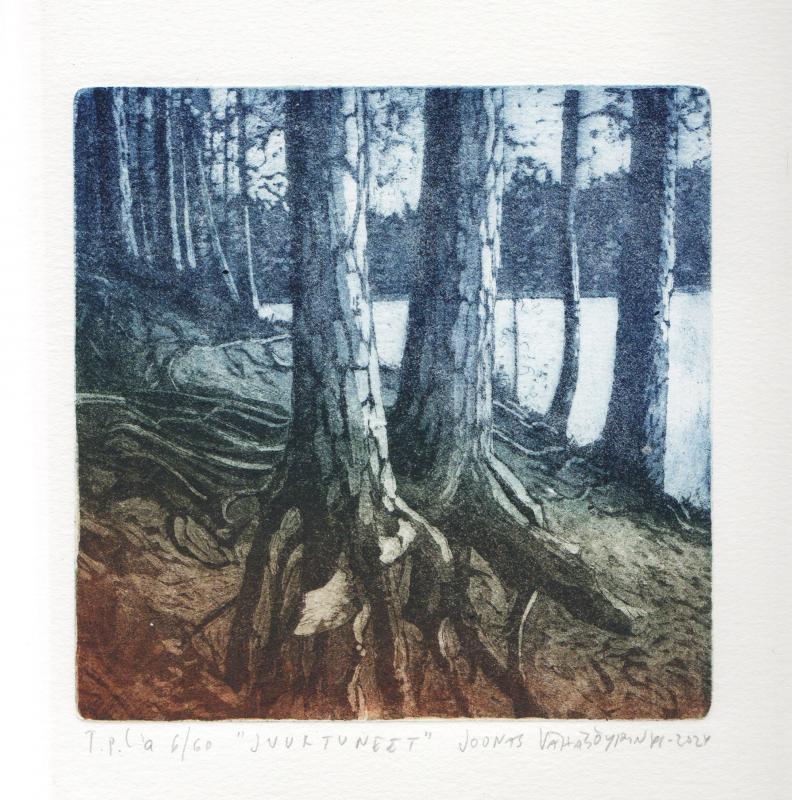 Juurtuneet, Viivasyövytys ja akvatinta, 15x15cm, Joonas Vähäsöyrinki, 2024, Kuva Joonas Vähäsöyrinki