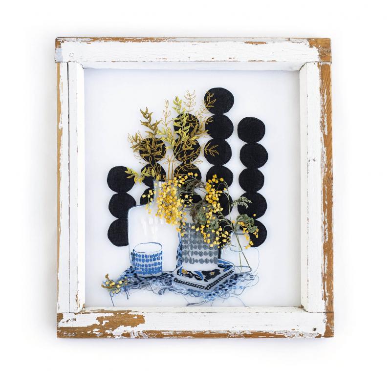 Neighbour's window with mimosa / Pola Laamanen / Hand embroidery on tulle
