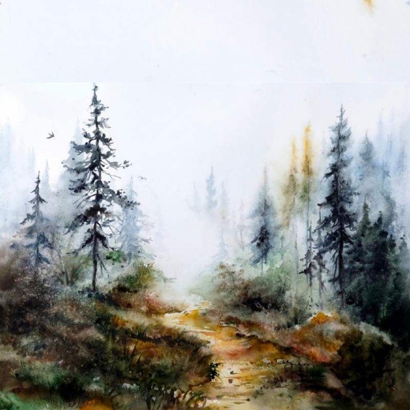 Syyspolku, Akvarelli 2024, 40×60 cm, kuva Sirkku Saukonoja