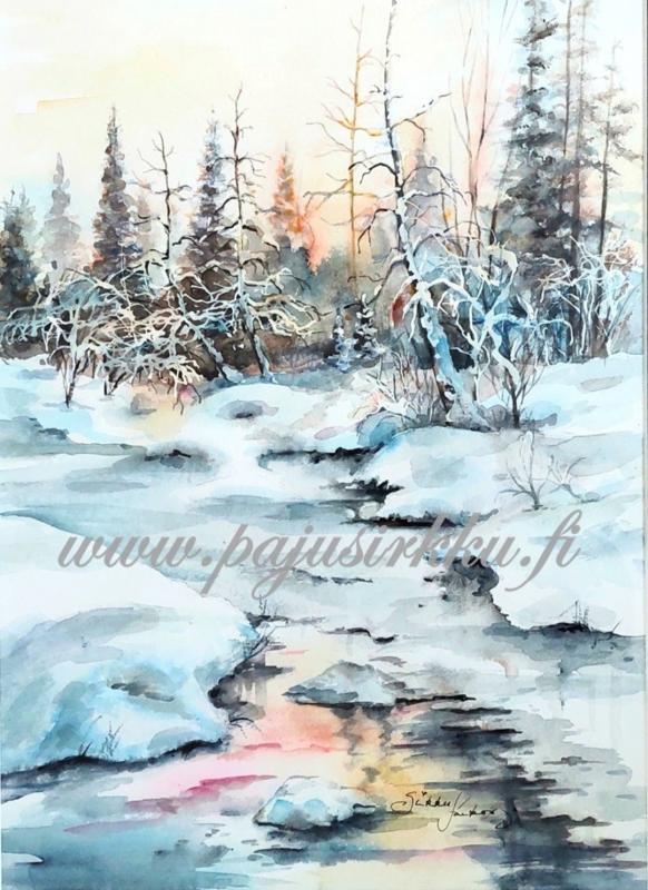 Pakastuu, akvarelli 2023, 30×50 cm, kuvaaja Sirkku Saukonoja