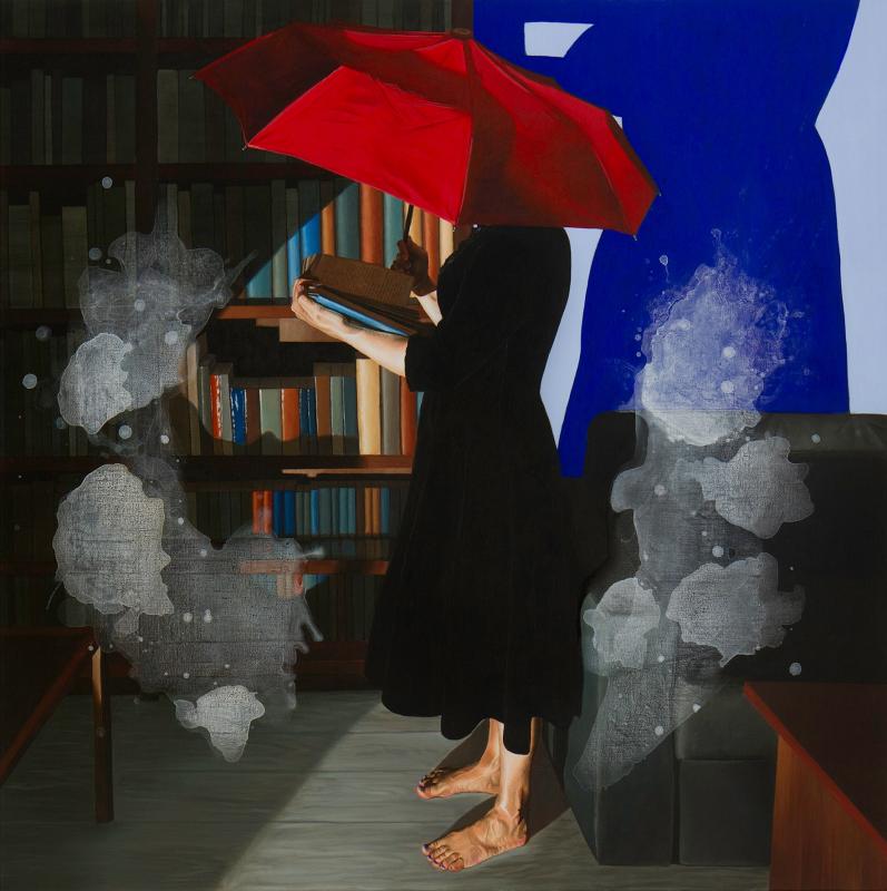 Anna Aho "Forbidden books must be read secretly", akryyli kankaalle, 100cm x 100cm, 2025